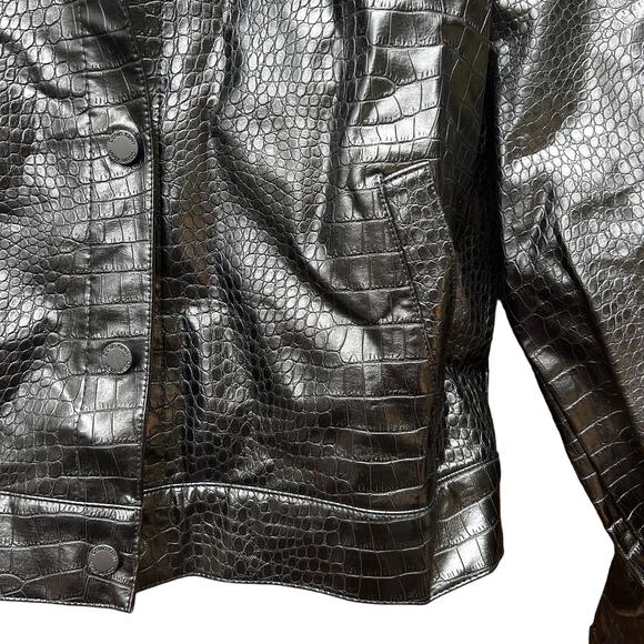 Calvin Klein Faux Leather Trucker Jacket 12 Black NWT Croc Coat Button Crop - Picture 7 of 9
